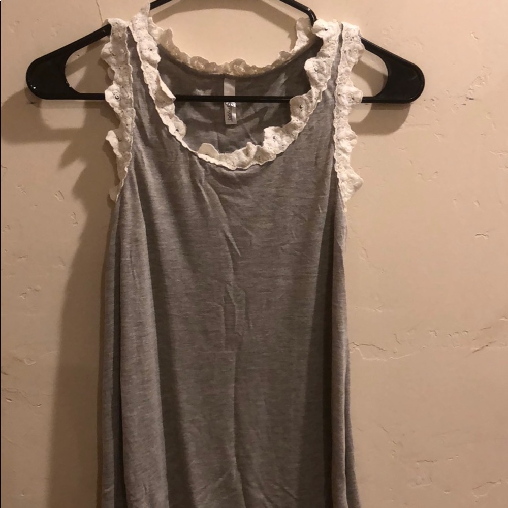 Gray tank top with lace-type edge